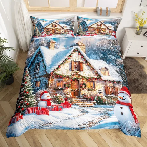 Vista 29 de Juego de funda de edredón con diseño de ciervo de cabaña, tamaño twin, juego de ropa de cama rústica de tablón de madera de árbol de Navidad