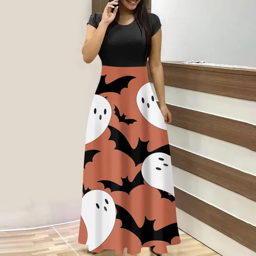 Vista 2 de Vestido de Halloween para mujer, diseño de calabaza, murciélago, fantasma, vestido retro de araña, vestido de manga corta hasta el suelo