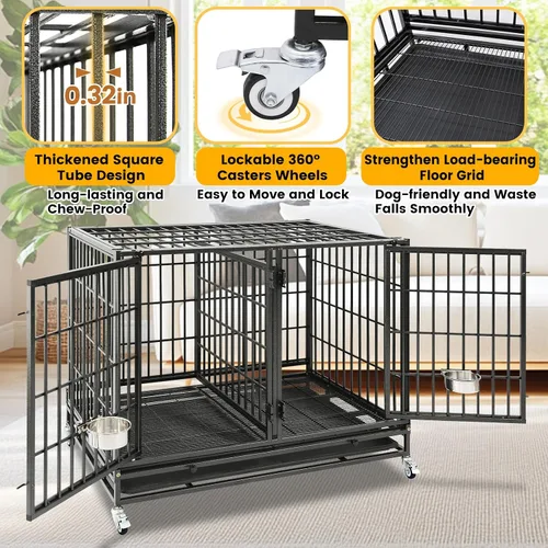 Vista 6 de Jaula resistente de 43 pulgadas para perros con divisor, jaula indestructible a prueba de escapes, jaula grande para perros en interiores, cuencos