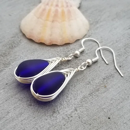 Vista 5 de Yinahawaii Handmade Sea Glass Earrings, Hawaiian Jewelry, Wire Braided Earrings Teardrop Earrings, Beach Jewelry Sea Glass Jewelry For Women Cobalt