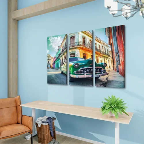 Vista 3 de 3 paneles de lienzo para pared, póster vintage con temporizador antiguo, conducción de coches, La Habana Vieja Cuba, impresión en lienzo, obras