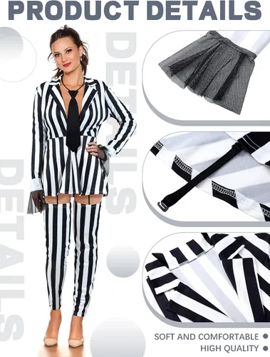 Vista 2 de Halloween Cosplay Set Women's Black White Striped Kit Vertical Stripe Blazer Movie Character Costume