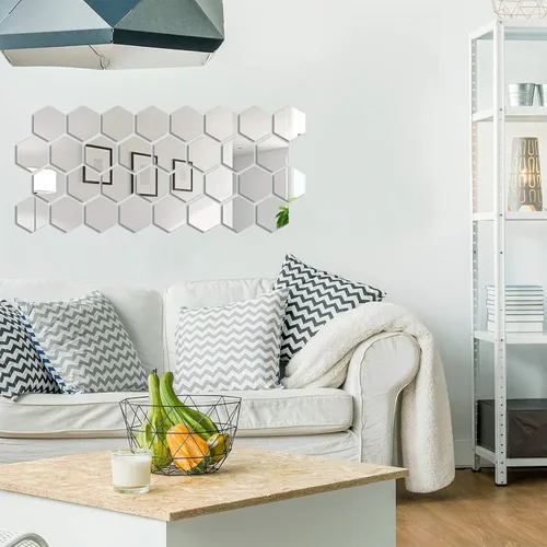 Vista 6 de 24 calcomanías de pared de espejo hexagonal, acrílico extraíble, calcomanía de peine de miel para sala de estar, dormitorio, decoración del hogar
