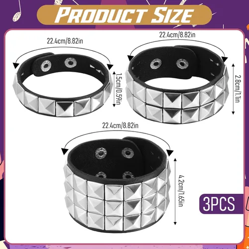 Vista 2 de 3 pulseras punk rock tachonadas, de piel sintética, estilo gótico, de los años 80, joyería con pinchos emo, accesorios para mujeres, hombres, fiesta
