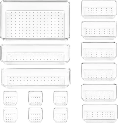 Vista 15 de Vtopmart - Juego de 25 organizadores de cajones de plástico, 4 tamaños versátiles, charolas organizadoras de cajones para baño y tocador, Blanco