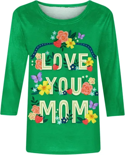 Vista 4 de Summer 34 Sleeve Blouse Women Happy Mother's Day Graphic Top Three Quarter Sleeve Pullover Crew Neck T-Shirt