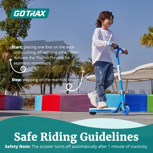 Vista 6 de Gotrax Scooter eléctrico para niños de 4 a 7 años, máximo 3 millas y 6 mph, control de pulgar Mentaazul