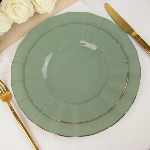 Vista 28 de Efavormart 10 Pack Platos redondos de plástico negro de 6" para postre y ensalada, platos desechables para aperitivos con borde ondulado dorado
