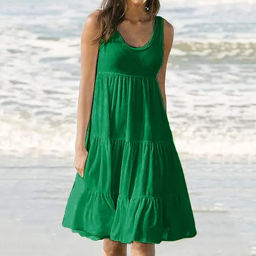 Vista 2 de Lisgai Vestido de verano para mujer, sin mangas, acampanado, cuello redondo, mini vestido liso, degradado, suelto, corto, plisado, vestido de verano