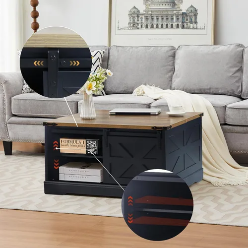 Vista 5 de Mesa auxiliar con tapa elevable, mesa de centro cuadrada de madera con puerta corrediza de granero y estante ajustable, mesa central rústica