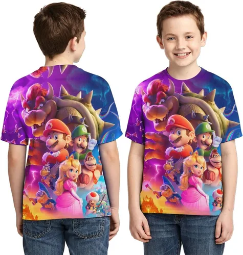 Vista 3 de Super Cute Bros - Camiseta de dibujos animados para niños, cuello redondo, manga corta, novedad para niños y niñas