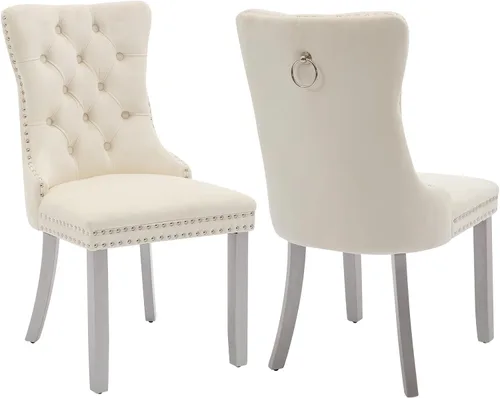 Vista 10 de Juego de 2 sillas de comedor de terciopelo beige, modernas sillas de cocina tapizadas