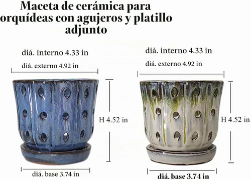 Vista 3 de Macetas para Orquídeas de 4.9 pulgadas Macetas Redondas de Cerámica para Orquídeas con Agujeros Juego de 2 (Azul Cielo+Blanco con Verde Limón)