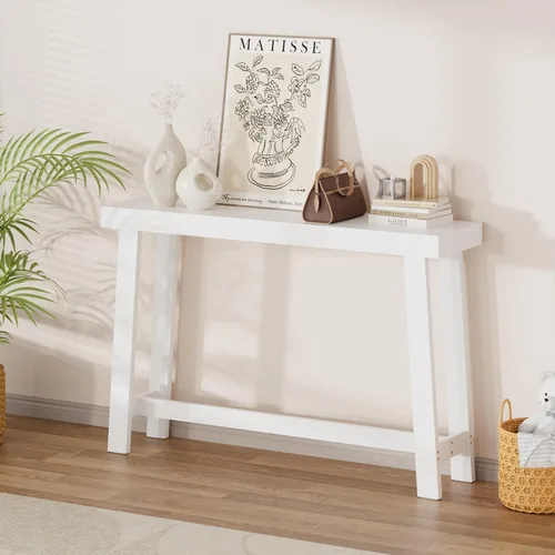 Vista 12 de Mesa consola estrecha de bambú de 47.2 pulgadas, mesa auxiliar de granja de 2 niveles, mesa de entrada rectangular, moderna mesa de sofá detrás