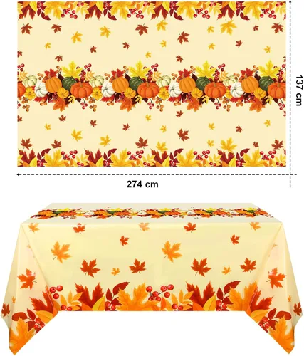 Vista 2 de Oudain 6 manteles desechables de Acción de Gracias, de otoño, arce, calabaza, de plástico, 54 x 108 pulgadas, color naranja, rectangular, otoño