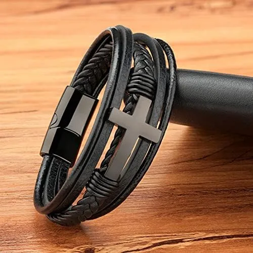 Vista 3 de ZNDIJE Stainless Steel Braided Leather Bracelet for Men Cuff Bangle Cross Magnetic Clasp
