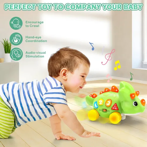 Vista 7 de Juguetes Musicales de Dinosaurio para Bebés de 1 Año - Juguetes con Luz para Tiempo Boca Abajo para Recién Nacidos, Juguetes de Gateo para Niños