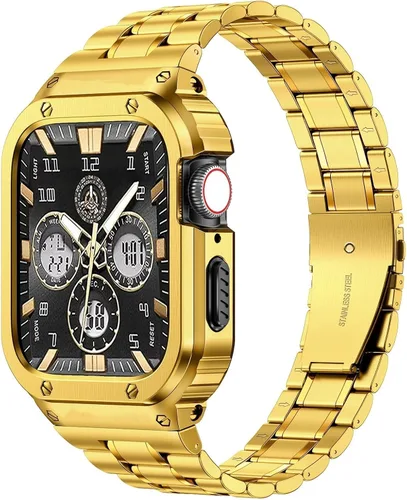 Vista 17 de MioHHR Correa de Acero Inoxidable para Reloj con Estuche Compatible con Correas de Apple Watch 40/41 mm, Correa Resistente con Cubierta Protectora