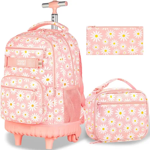 Vista 14 de Mochila con ruedas para mujeres, niñas, mochila escolar Crisantemo Negro