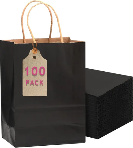 Vista 9 de qiqee Paquete de 26 bolsas de regalo negras con asas a granel de 8.3 x 3 x 6 pulgadas, bolsas de papel kraft de tamaño pequeño para fiestas