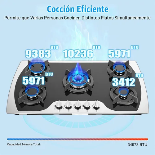 Vista 3 de Placa de cocina de gas NG de 36 pulgadas con 5 quemadores, convertible a GN/LPG, estufa de gas integrada con protección de termopar
