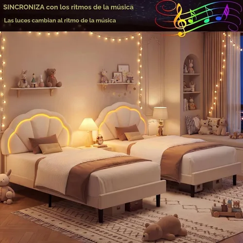 Vista 3 de Base de cama LED tapizada individual para niñas con cabecero de pétalos ajustable, color beige