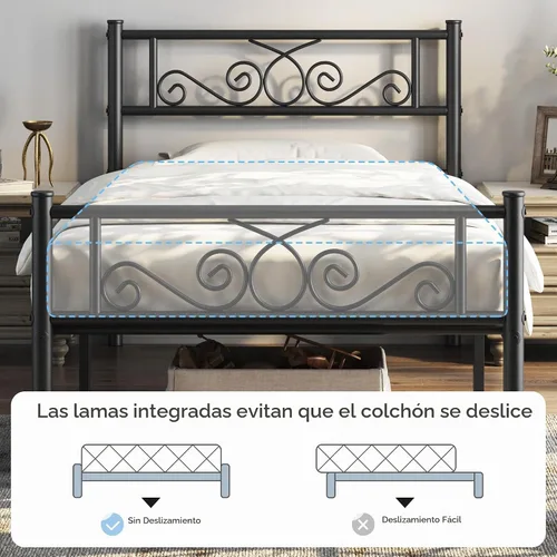 Vista 8 de Yaheetech - Base de cama, plataforma clásica de metal con cabecera y estribo - base de colchón con diseño floral para adultos, niñas, niños Negro