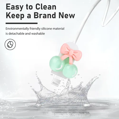 Vista 3 de CameCosy Bonito protector de cable compatible con adaptador de iPhone con diseño de peras de cereza de cristal, cubierta USB de línea de datos suave