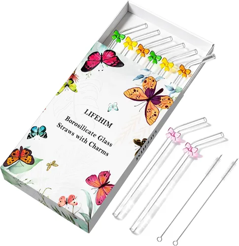 Vista 10 de Pajitas de cristal hechas a mano con dije de murciélago – Pajitas de borosilicato dobladas reutilizables de 9 pulgadas para vasos de 16 oz/20 onzas