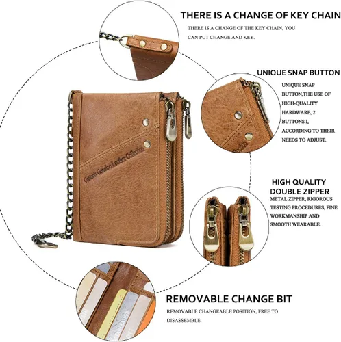 Vista 7 de Contacts RFID - Monedero con doble cremallera para hombre (piel, con cadena antirrobo), Marrón, talla única