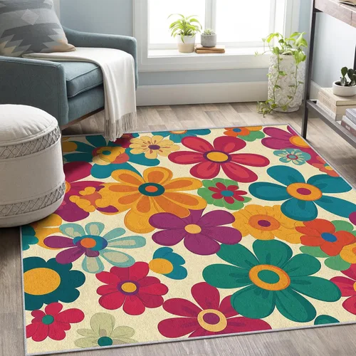 Vista 3 de Alfombra retro floral de 2 x 3 pulgadas, lavable de los años 60 y 70, alfombras hippie para entrada, dormitorio, cocina, alfombra de área de flores