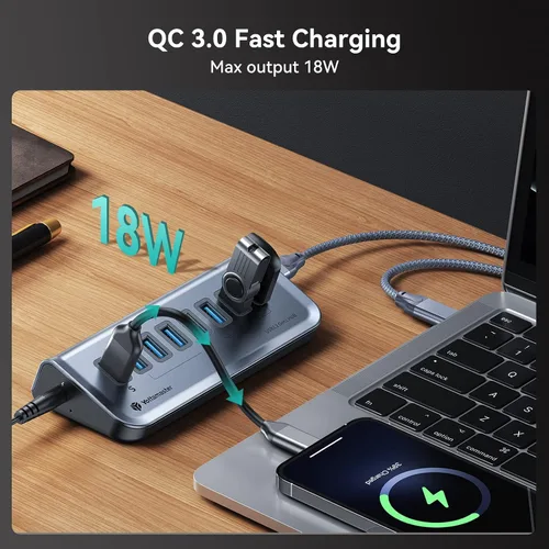 Vista 4 de Hub USB alimentado con cable USB A a C en ángulo recto y cable de extensión USB C, recto, adecuado para APC USB, laptops y consolas