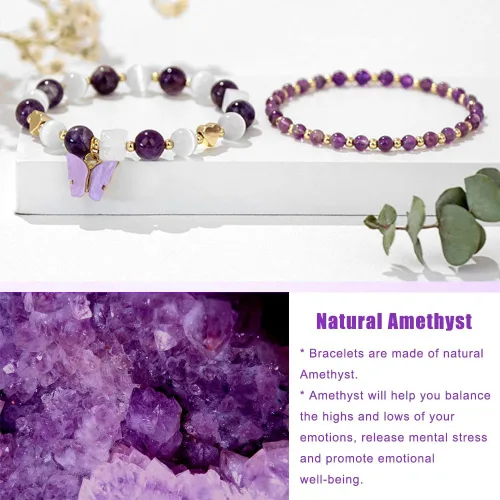 Vista 6 de GolbalJew Pulsera de amatista para mujer, pulseras de cuentas de amatista para la ansiedad, dijes de mariposa, piedra curativa en capas, regalos