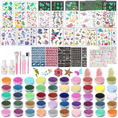 Vista 11 de TEUVO Kit de tatuaje con purpurina para niños con 25 colores, 225 plantillas, 6 bolígrafos, 2 hojas de diamantes de imitación, 5 pinceles, 3