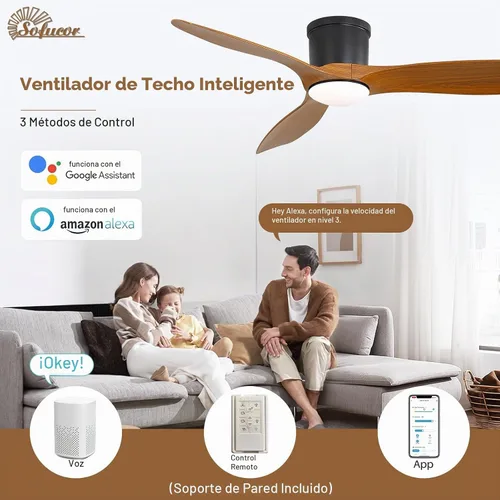 Vista 2 de Sofucor - Ventilador de techo inteligente de 52 pulgadas con luces, ventilador de techo empotrado moderno de perfil bajo con 6500 CFM, compatible