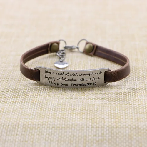 Vista 2 de UNQJRY - Pulsera de cuero vintage con mensaje inspirador grabado de versículos de la biblia, pulsera vintage elástica para mujeres y adolescentes