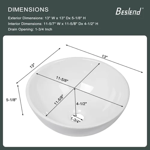 Vista 7 de Fregadero redondo de cerámica blanca de 13 pulgadas con forma ovalada de porcelana sobre mostrador, fregadero de arte moderno Beslend 13 Inch