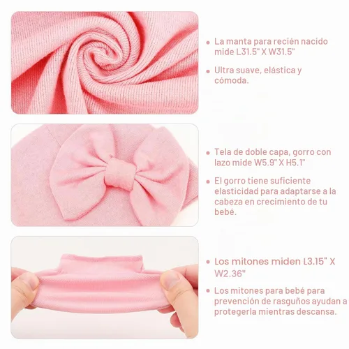 Vista 7 de DRESHOW BQUBO Manta de recepción para recién nacido con juego de sombrero con moño y guantes, manta de algodón para envolver al bebé, saco de dormir