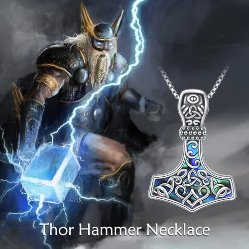 Vista 8 de Mjolnir - Collar con martillo y aretes de abulón de plata de ley, collar con colgante de martillo de Thor y aretes de aro de luna, joyería
