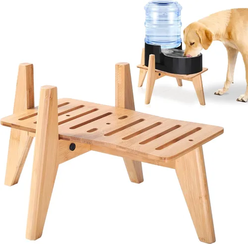 Vista 9 de Soporte para dispensadores de alimentos de agua para perros, adecuado para razas medianas, soporte de bambú para comederos automáticos elevados