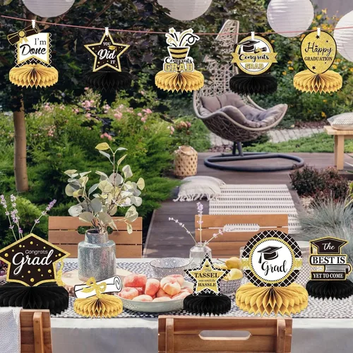 Vista 6 de 10 piezas de decoraciones de fiesta de graduación 2026 Felicidades graduados de panal de abeja centros de mesa de felicitaciones para fiesta