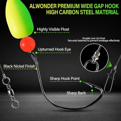 Vista 4 de Alwonder Paquete de 5 aparejos Pompano para pesca en surf con flotadores Snell, aparejos de pesca en agua salada con cebo vivo, bisagras giratorias
