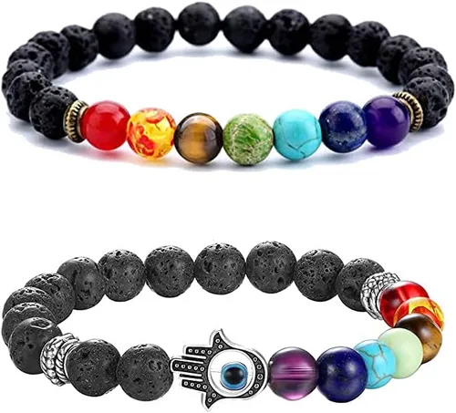 Vista 9 de 2 Pulseras elásticas con cuentas azules de ojo malvado, 7 chakras, piedra de lava, mano de Hamsa