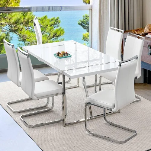 Vista 34 de Mesa de comedor Ebullient para 4, mesa de comedor rectangular negra de MDF, tapa de mesa de cena de mármol falso, mesa de comedor moderna con marco