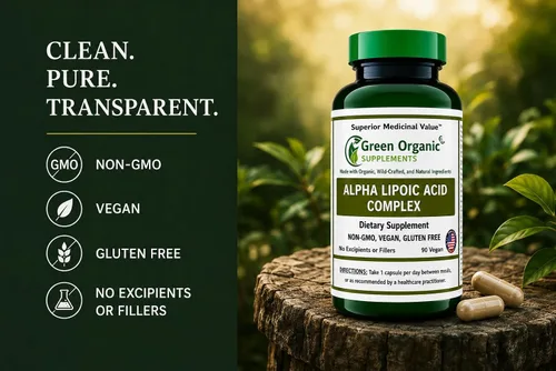 Vista 5 de Green Organic Supplements' Alpha Lipoic Acid Complex, ALA, 90 VCaps Alpha Lipoic Acid Capsules (Pack of 1)