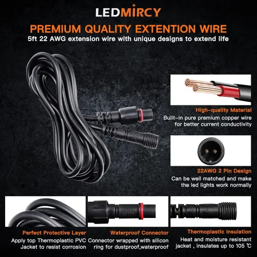 Vista 4 de LEDMIRCY Cable de Extensión para Luces LED de Roca Cable de Alambre de 2 Pines Impermeable 2PCS 5ft 22AWG con Conectores Macho a Hembra Tuerca