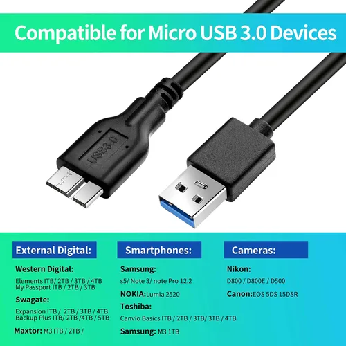 Vista 3 de Cable micro B, USB 3.0 A macho a micro USB 3.0, cable de sincronización compatible con Toshiba, Seagate, Samsung, WD, My Passport y más discos duros
