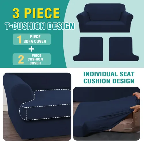 Vista 4 de Funda de sofá biplaza con cojín en forma de T, 3 piezas, fundas para sofá con cojín en T, protector de muebles con 2 cojines individuales