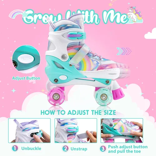 Vista 2 de SULIFEEL Rainbow Unicorn - Patines ajustables de 4 tamaños para niñas y niños de 3-5, 5-8, 6-12 años, patines para interiores y exteriores