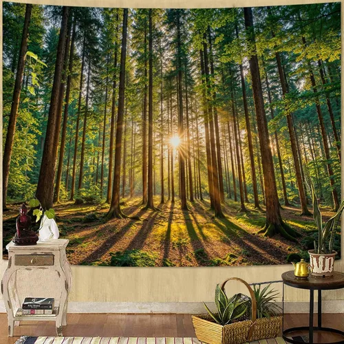 Vista 34 de Zussun Tapiz de Bosque Natural de Montaña Tapiz Verde de Pino Luz Solar Selva para Dormitorio Estético Planta Paisaje de Montaña Tapices Pequeños